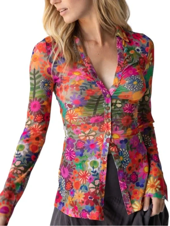 Natural Life Carina Mesh Top Bright Red Pink Floral Size XL - Picture 10 of 10